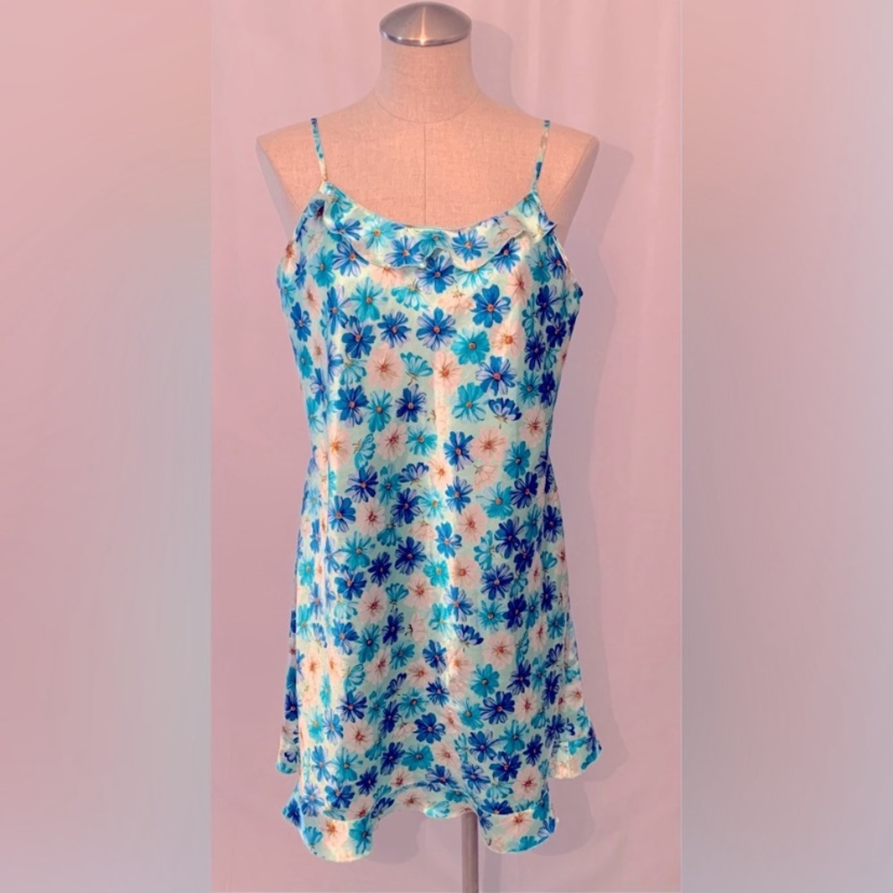 Vintage Y2K floral slip dress blue spaghetti strap chemise nightie Large